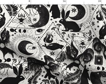 Magic Fabric - Magician's Land By Lidiebug - Magic Black White Witch Moon Hare Psychic Astrology Cotton Fabric By The Yard With Spoonflower