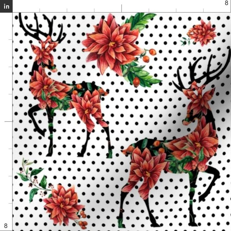 Woodland Christmas Deer Fabric Winter Red Polka Dots by Etsy