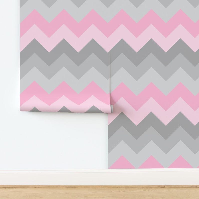 Pink Gray Wallpaper - Pink Gray Ombre Chevron Large By Decamp Studios - Custom Printed Removable Self Adhesive Wallpaper Roll by Spoonflower image 4