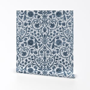 Blue Damask Wallpaper - Provence Blue White By Willowlanetextiles - Custom Printed Removable Self Adhesive Wallpaper Roll by Spoonflower
