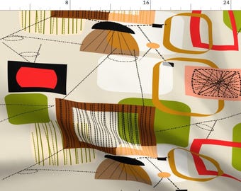 Mid-Century Modern Fabric - Trendy Mod Televisions TVs Abstract Olive Peach Red By Hot4tees -  Cotton Fabric by the Yard With Spoonflower