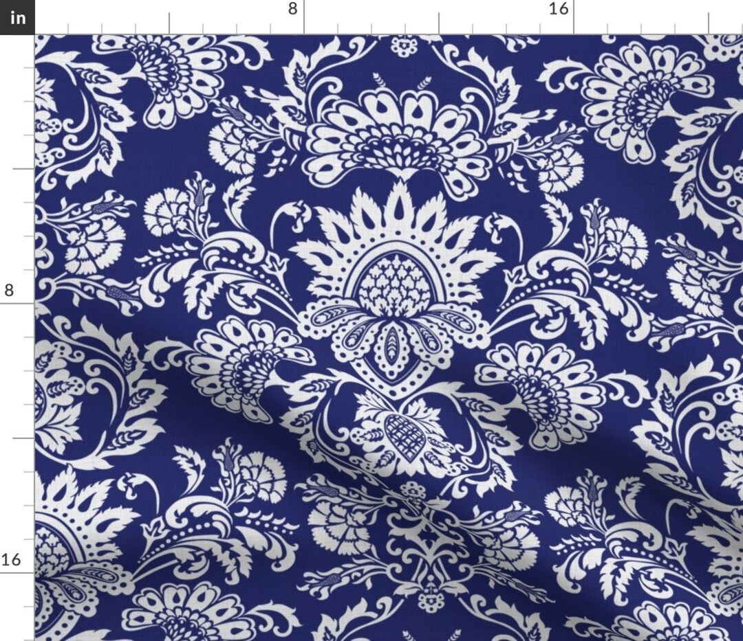 Blue White Damask Fabric Indigo Damask by Chicca Besso Etsy