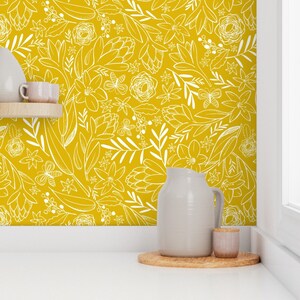 Floral Wallpaper Botanical Sketchbook Floral Yellow by - Etsy