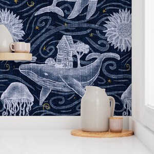 Whimsical Wallpaper - Undersea Nights by jenkb - Sky Nautical Ocean Jellyfish Whale Removable Peel and Stick Wallpaper by Spoonflower image 7