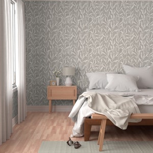 Neutral Leaves Wallpaper Grass With Leaves in Gray and Cream - Etsy