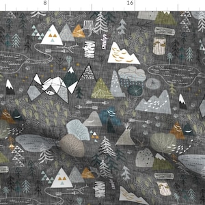 Map Fabric - Max's Map (Charcoal) By Nouveau Bohemian - Map Mountain Tree Antler Log Woodland Cotton Fabric By The Yard With Spoonflower