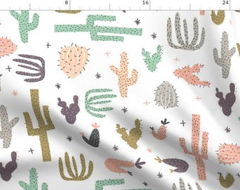 Boho Cactus Fabric - Southwestern Pink and Mint By Laurawrightstudio - Desert Cactus Nursery Cotton Fabric By The Yard With Spoonflower
