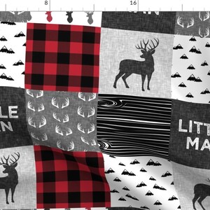 May include: A patchwork fabric design with a red and black buffalo plaid pattern, a gray and white deer antler pattern, a gray and white mountain pattern, a gray and white deer silhouette pattern, and the text "Little Man" repeated twice.