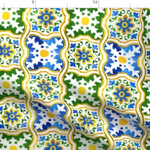 Spanish Tile Fabric - Spanishtile3 By Gaiamarfurt - Spanish Tile Floral Yellow Blue Green Cotton Boho Fabric By The Yard With Spoonflower