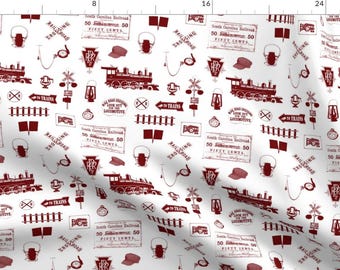 Railroad Fabric - Maroon Railroad Symbols // Small By Thinlinetextiles - Railroad Train Track Red Cotton Fabric By The Yard With Spoonflower