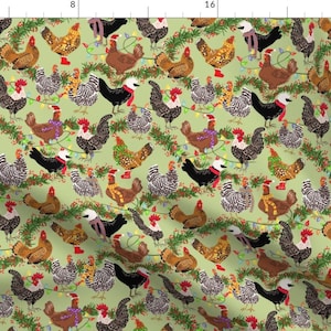 Christmas Chickens Fabric - Holiday Hen House by shellyreneedesigns - Green Whimsical Xmas Festive Rooster Fabric by the Yard by Spoonflower