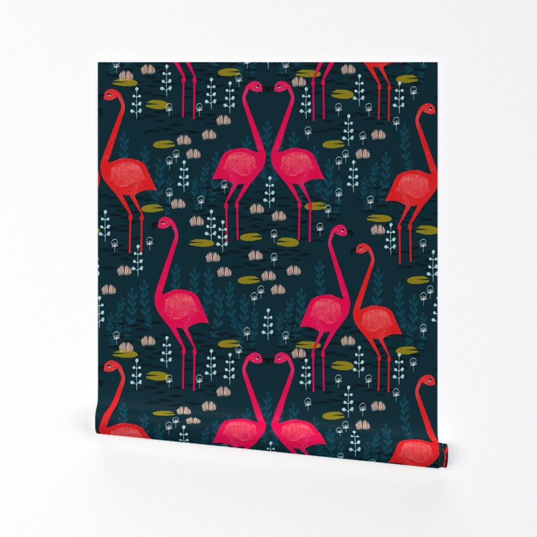 Flamingo Wallpaper Flamingo Dark Navy Blue by Andrea Lauren Blue Custom ...