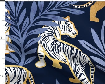 Maximalist Tiger Fabric - Nouveau White Tigers by selmacardoso - Animalier Bold Graphic Blue White Gold Fabric by the Yard by Spoonflower