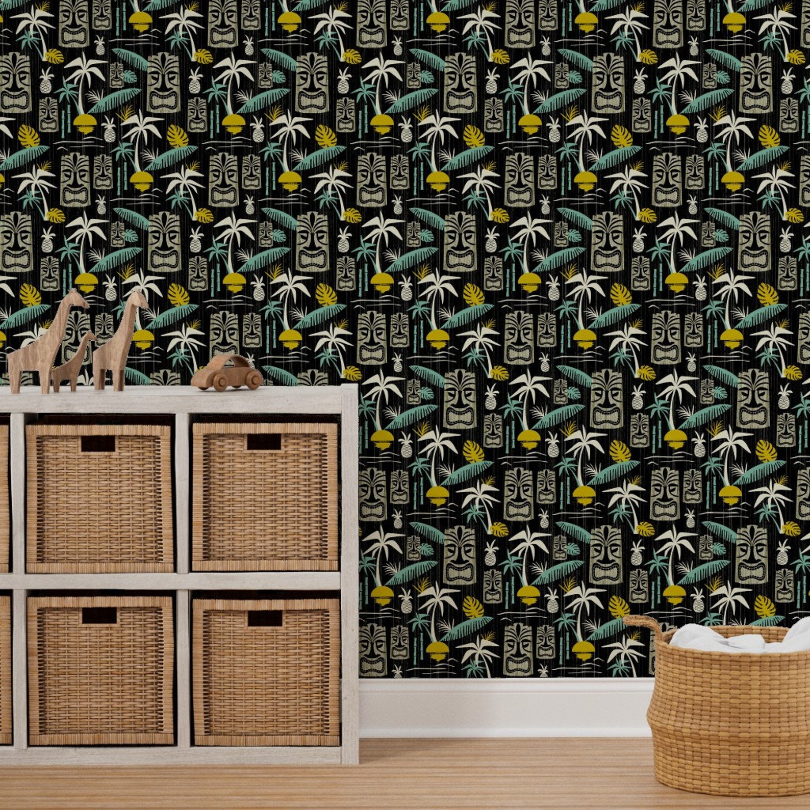 Tiki Wallpaper Island Tiki Black by Heatherdutton Black - Etsy