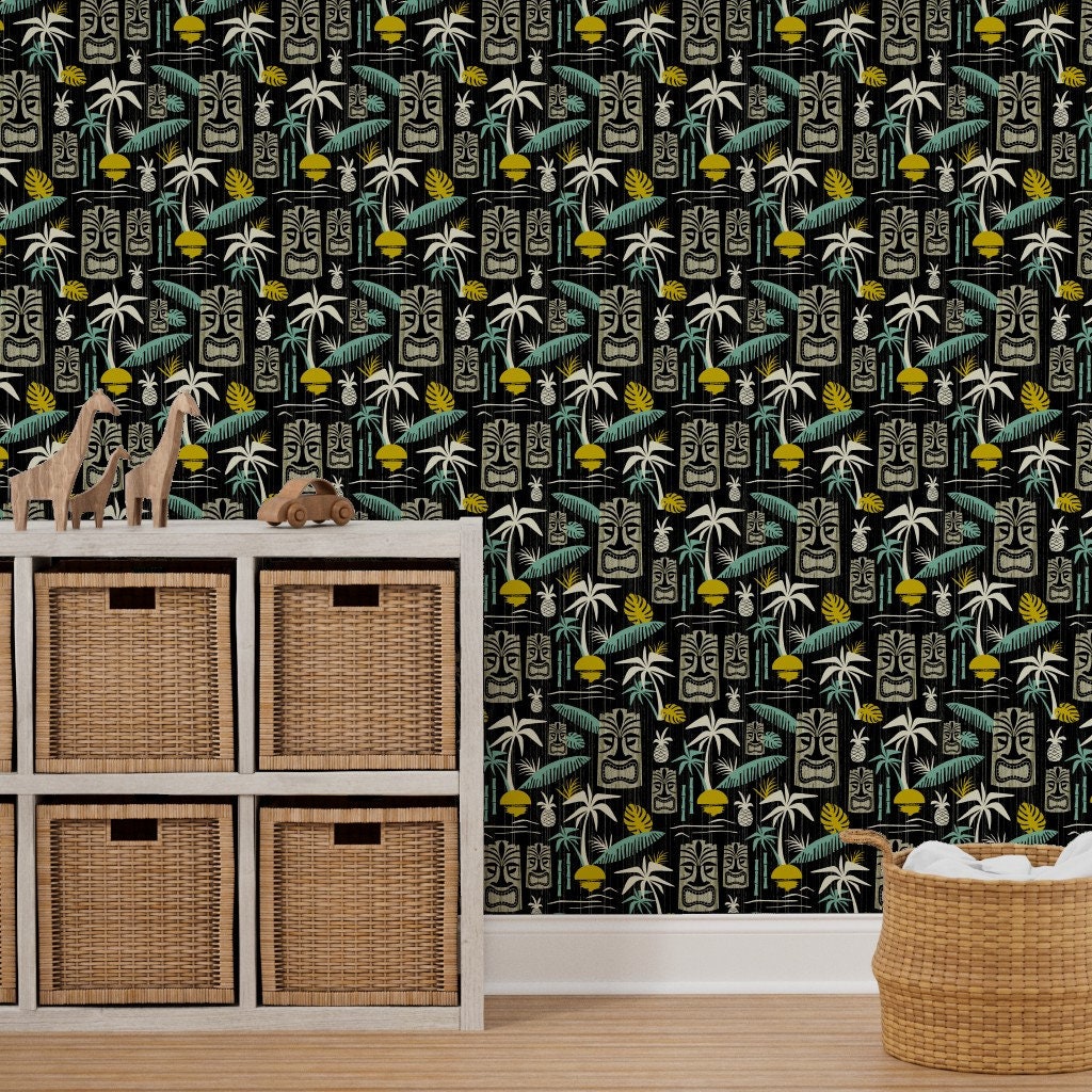 Tiki Wallpaper Island Tiki Black by Heatherdutton Black - Etsy