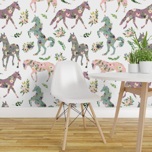 Floral Horses Wallpaper - Floral Patchwork Horses Small By Karolina Papiez - Custom Printed Removable Adhesive Wallpaper Roll by Spoonflower
