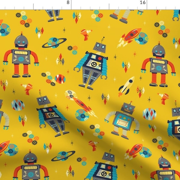 Yellow Robot Outer Space Fabric - Retro Robots Yellow Astronaut By Latheandquill - Robot Cotton Fabric By The Yard With Spoonflower