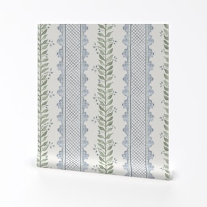 Watercolor Stripe Removable Peel and Stick Wallpaper - Regency Cottagecore - Wall Art Wall Decor - Blue Lace On Cream by danika_herrick