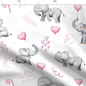 Elephant Animal Love Pink Gray Fabric - Pink Balloon Elephant By Karolina Papiez - Elephant Cotton Fabric By The Yard With Spoonflower
