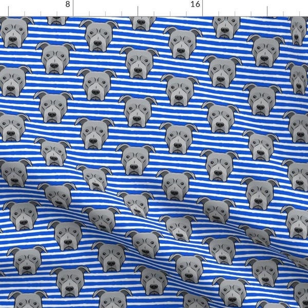 Pitbull Fabric - Grey Pit Bull On Stripes Blue By Littlearrowdesign - Stripes Dog Boy Nursery Cotton Fabric By The Yard With Spoonflower