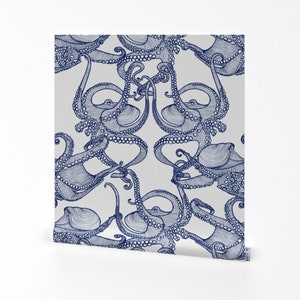 Cephalopod Wallpaper - Giant Octopi Navy White By Patricia Braune - Custom Printed Removable Self Adhesive Wallpaper Roll by Spoonflower