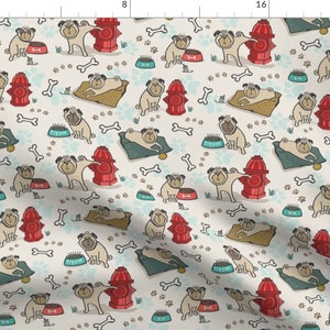 Pug Fabric - Pugs - Dog Or Hydrant Day By Teresamagnuson - Pug Pet Dog Hydrant Bones Puppy Cotton Fabric By The Yard With Spoonflower