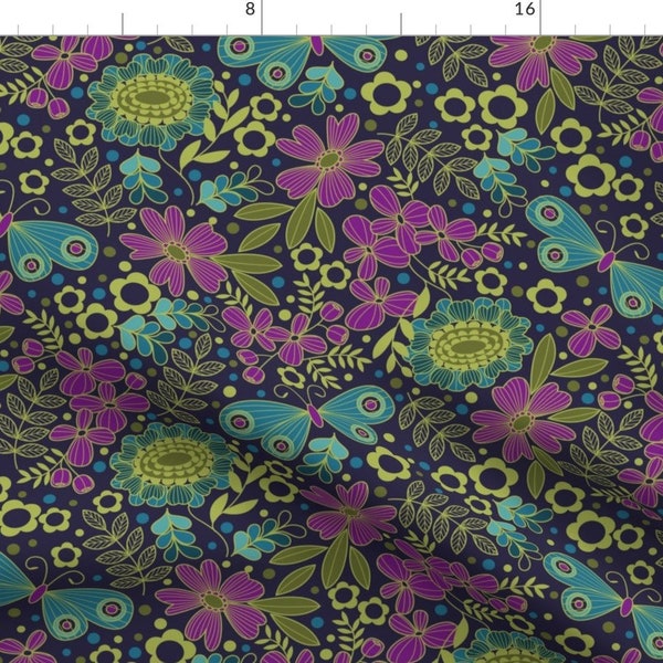 Jewel Tone Fabric - 70'S Floral Jewel-Tone Cool By Cjldesigns - Jewel Tone Florals Butterflies Cotton Fabric By The Yard With Spoonflower