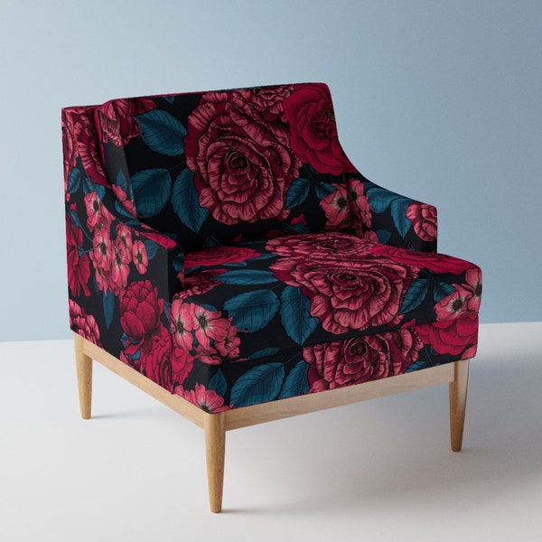 Maximalist Rose Bekledingsstof - Roze Rozen door katerina_kirilova - Xl Schaal Botanisch Zwart Blauw Rood Stof op maat gesneden met lepelbloem