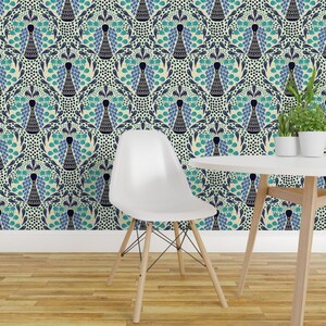 Peacock Wallpaper - Peacock By Susan Polston - Black Aqua Blue White Custom Printed Removable Self Adhesive Wallpaper Roll by Spoonflower