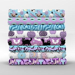 Halloween Cotton Fat Quarters - Pastel Purple Mushrooms Cats Ghost Collection Petal Quilting Cotton Mix & Match Fat Quarters by Spoonflower