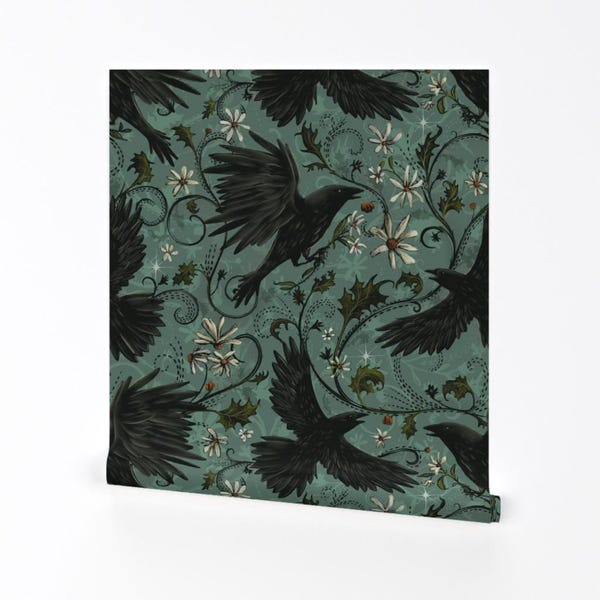Papier peint amovible corbeaux gothiques - Floral automne foncé - Art mural déco murale - Corbeaux mystiques cyan par stephaniebeischer-studio8
