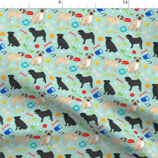 Pug Fabric - Pugs And Toys Fabric - Black And Tan Pugs With Dog Toys - Mint By Petfriendly - Pug Cotton Fabric By The Yard With Spoonflower