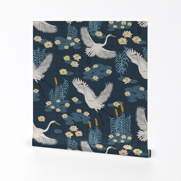 Chinoiserie Wallpaper - Lagoon Herons Blue by me_coco_design -  Birds Marsh Wetlands Removable Peel and Stick Wallpaper by Spoonflower