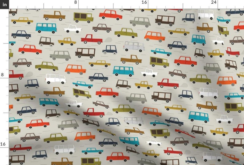 Cars Fabric - 5 O'Clock Traffic By Katerhees - Four Wheels Retro Cars Vehicles Boy Nursery Decor Cotton Fabric By The Yard With Spoonflower image 1