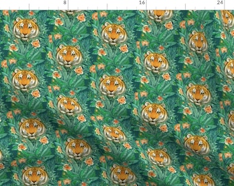 Green Tropical Print Tigers Fabric - Tiger Tangle In Color - Small Print By Micklyn - Tiger Cotton Fabric By The Yard With Spoonflower