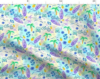 Beachy Fabric - Just Beachy By Gingerlique - Ocean Beach Summer Sand Surfing Palm Tree Watercolor Cotton Fabric By The Yard With Spoonflower