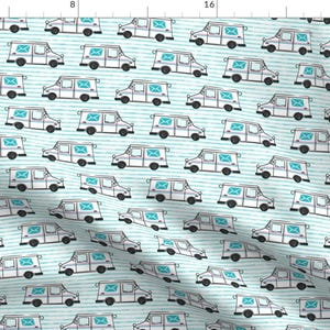 Mail Truck Fabric - Postal Trucks Teal Stripes By Littlearrowdesign - Mail Man Post Office Worker Cotton Fabric by the Yard by Spoonflower