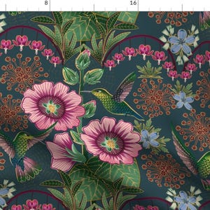 Victorian Fabric - Hummingbirds And Hollyhocks (large) by landmink - Floral Art Nouveau Damask Retro Blue  Fabric by the Yard by Spoonflower