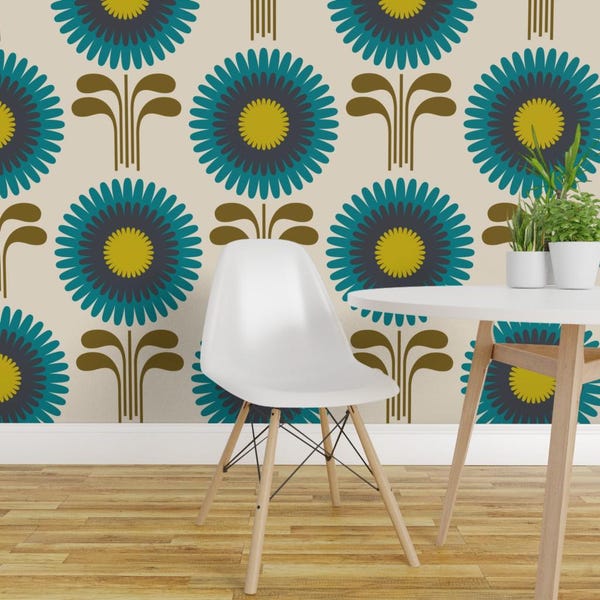 Retro Floral Wallpaper - Retro Zinnia By Katerhees - Blue Mustard Retro Custom Printed Removable Self Adhesive Wallpaper Roll by Spoonflower