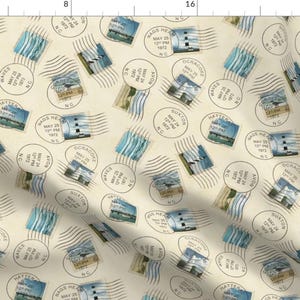 Stamps Travel Postcards Fabric - Retro Postcard Stamps By Creativehorizons - Stamps Retro Cotton Fabric By The Yard With Spoonflower