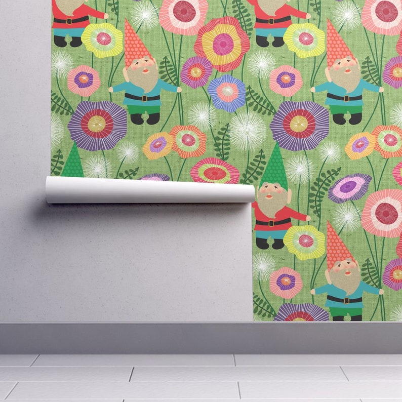 Green Flowers Custom Printed Removable Self Adhesive Wallpaper Roll by Spoonflower Flowers Wallpaper Gnomes Harvest By Vo Aka Virginiao