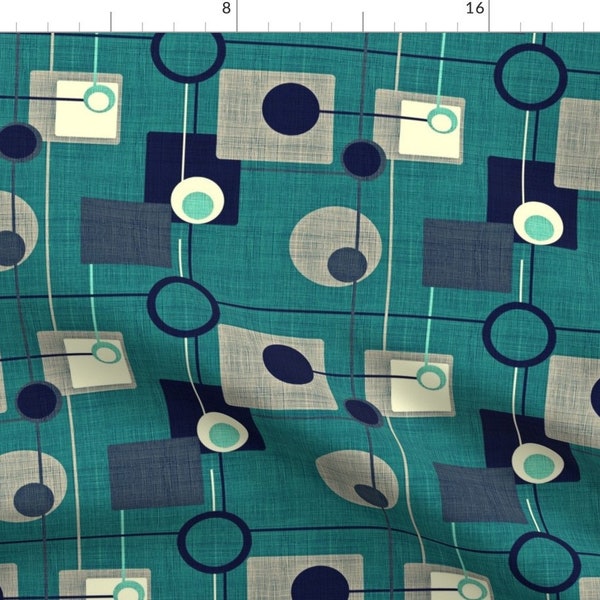 Abstract Fabric - Orbs And Squares Emerald Blue By Chicca Besso - Abstract Mid Century Modern Cotton Fabric By The Yard With Spoonflower