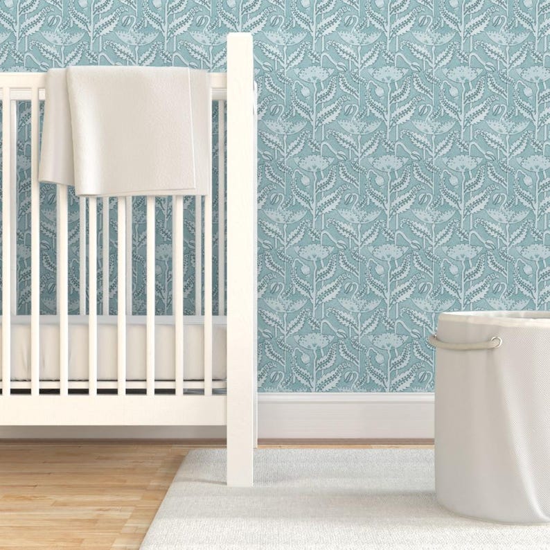Antique Wallpaper - Antique Poppy In Aquamarine By Willowlanetextiles - Custom Printed Removable Self Adhesive Wallpaper Roll by Spoonflower image 6