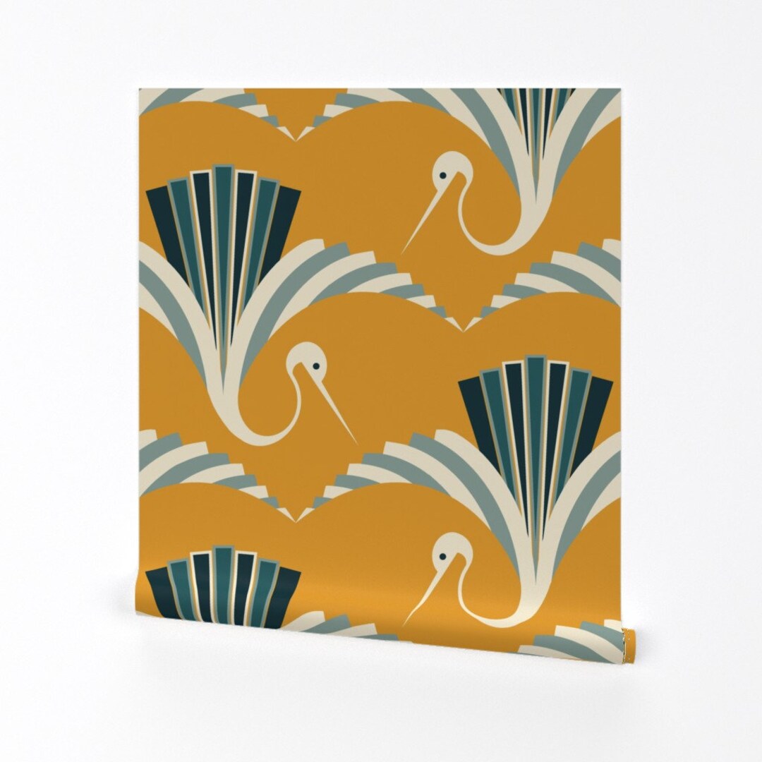 Retro Cranes Wallpaper Art Deco Crane by Pakanta_handmade Vintage