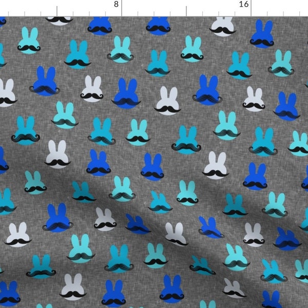 Bunny Fabric - Mr. Bunny - Multi Blues On Gray By Littlearrowdesign - Bunny Mustaches Blue Gray Cotton Fabric By The Yard With Spoonflower