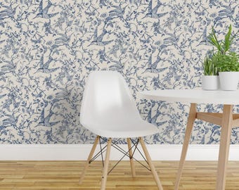 Blue Floral Toile Peel and Stick Wallpaper - Toile Chinoiserie Rococo - Removable Wall Decor Art - Hummingbird Toile  by bridgettstahlman