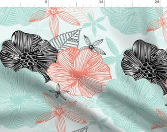 Coral Fabric - Coral-Floral-Pattern By Birdandblossom - Coral Summer Beach Turquoise Coral Flower Cotton Fabric By The Yard With Spoonflower