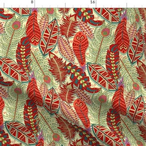 Feathers Red Bird Tribal Illustration Fabric - Vibrant Feathers By Angelastevens - Feathers Cotton Fabric By The Yard With Spoonflower