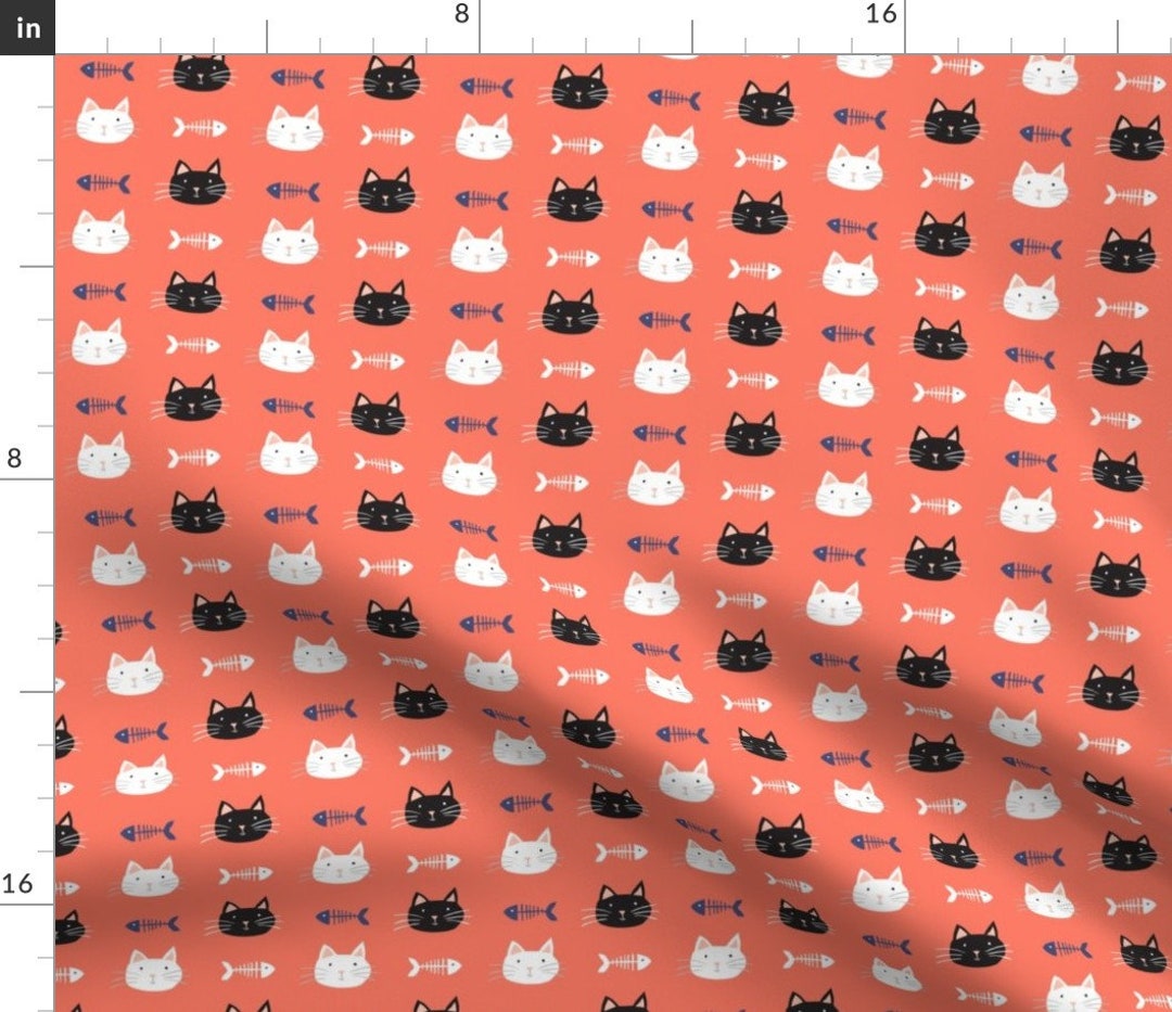 Cats Fabric Cats 3 by Laura May Designs Cats Coral Black Etsy