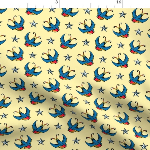 Sparrow Fabric - Swallow Tattoo By Risarocksit - Sparrow Classic Tat Tattoo Punk Rockabilly Cotton Fabric By The Yard With Spoonflower